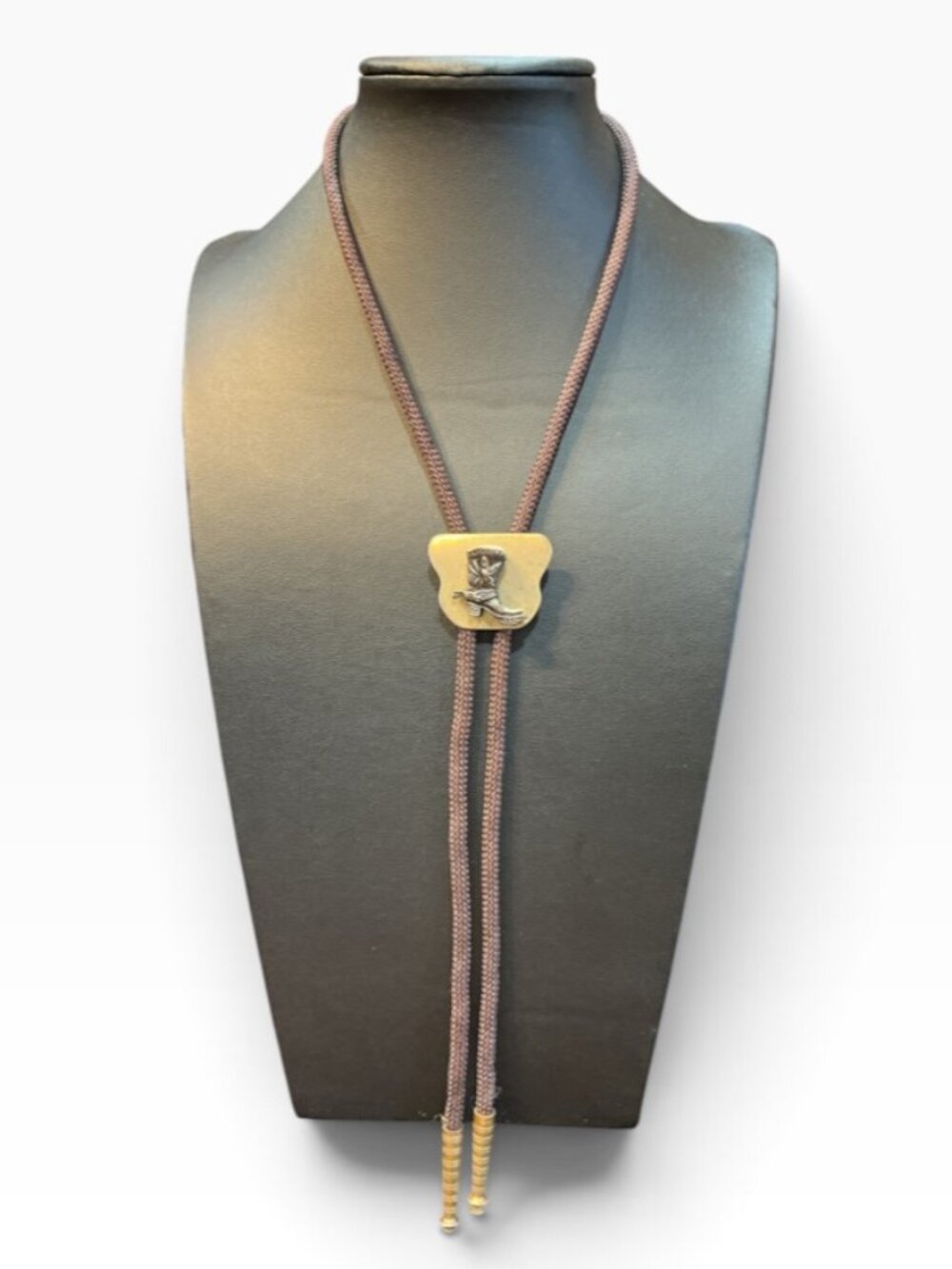 Vintage Western Cowboy Boot Bolo Tie Brown Cord Gold Tone Unsigned